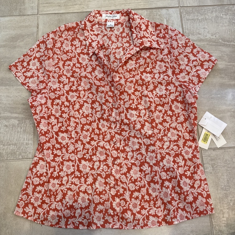 NWT Judith Hart Coral White Button Up Pointed Collar Top 16 Large Cotton Coastal